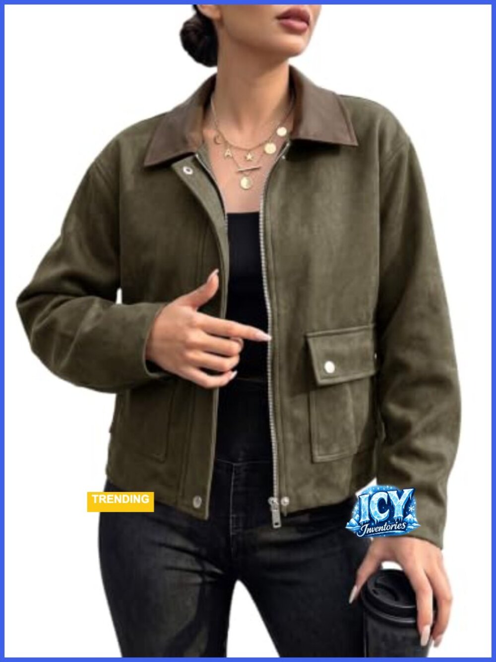 Womens Cropped Jacket Zip Button with Pockets